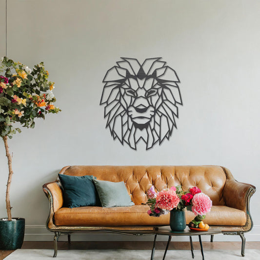Wooden wall art showcasing a geometric lion head design with sharp, angular details, displayed on a neutral wall within modern room decor, emphasising its bold and striking craftsmanship.