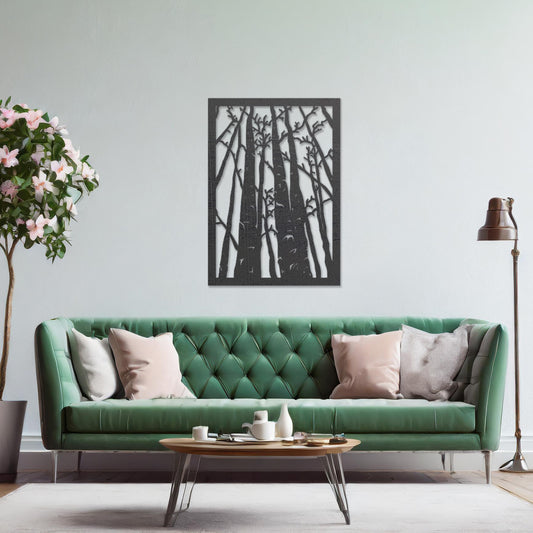 Wooden wall art featuring a forest design with tall, slender trees and intricate branches, displayed on a neutral wall within modern room decor, showcasing its natural and artistic craftsmanship.