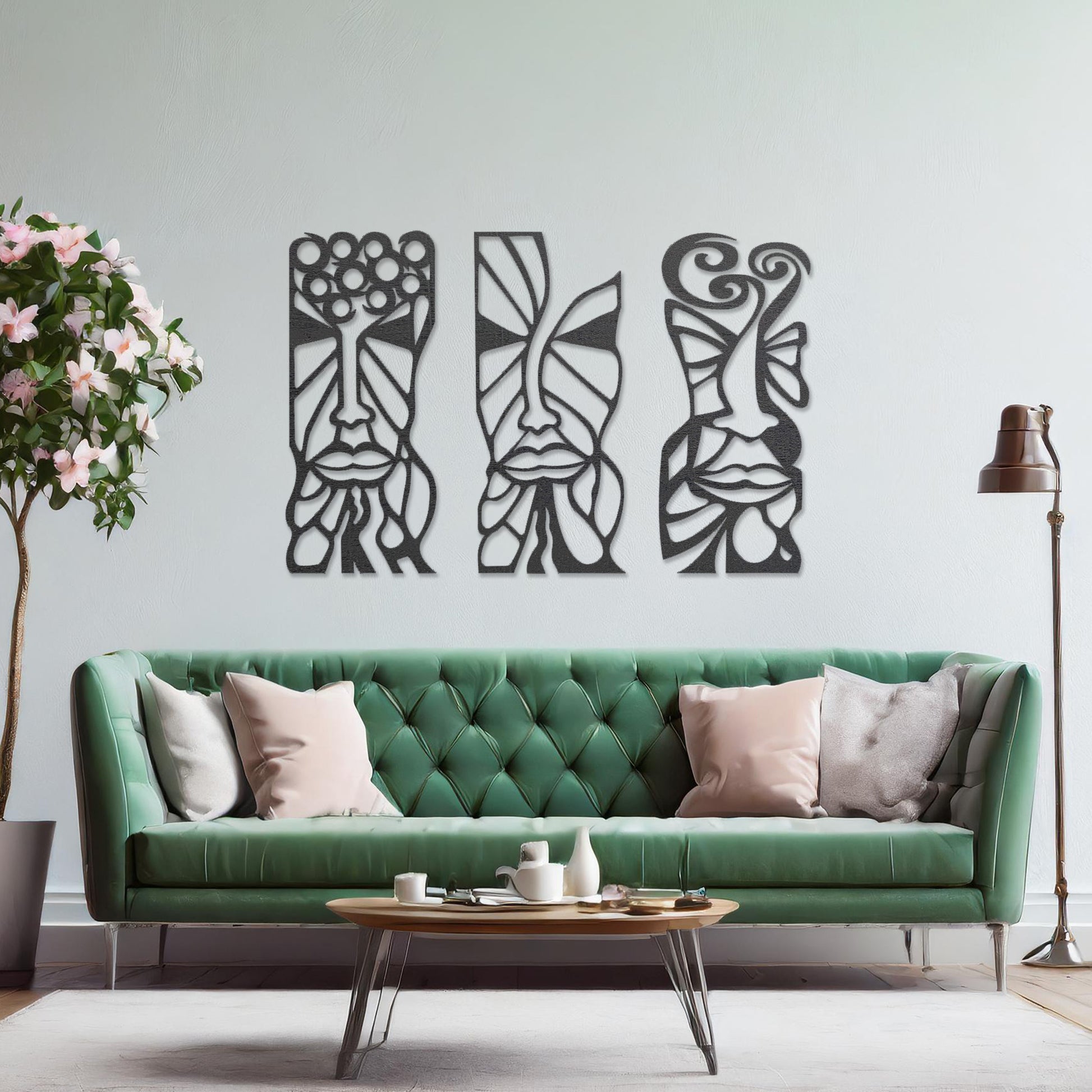 Wooden wall art set featuring three abstract face designs with intricate geometric and flowing patterns, displayed on a neutral wall within modern room decor, highlighting their artistic and contemporary appeal.