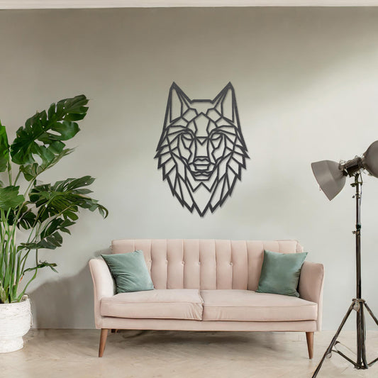 Wooden wall art featuring a geometric wolf design with sharp, angular lines. The artwork is displayed on a neutral wall within modern room decor, drawing attention to its bold and intricate pattern.