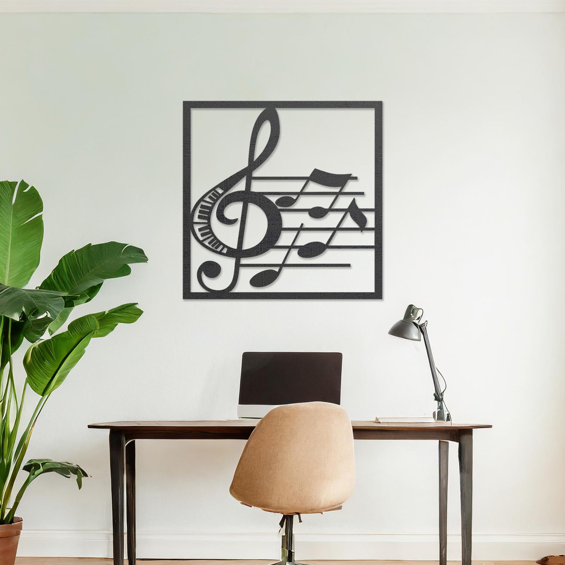 Wooden wall art featuring a musical design with a treble clef, musical notes, and staff lines, displayed on a neutral wall within modern room decor, highlighting its artistic and creative craftsmanship.