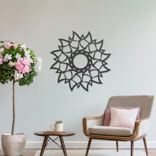 Wooden wall art featuring a circular mandala-inspired design with intricate petal-like patterns, displayed on a neutral wall within modern room decor, showcasing its elegant and detailed craftsmanship.