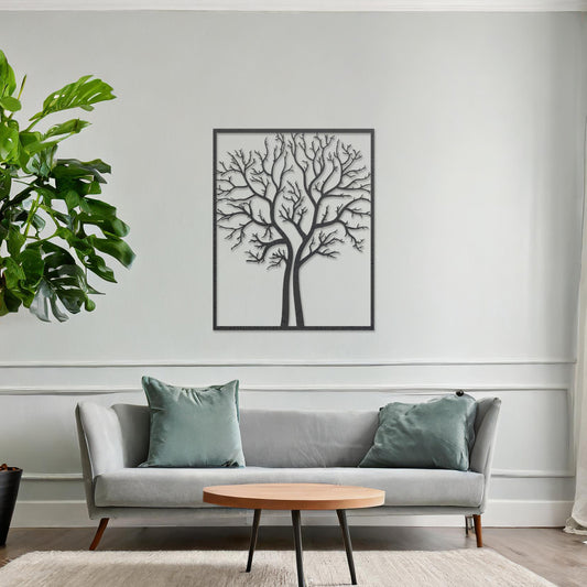 Wooden wall art featuring a minimalist tree design with bare branches, displayed on a neutral wall within modern room decor, highlighting its elegant and natural craftsmanship.