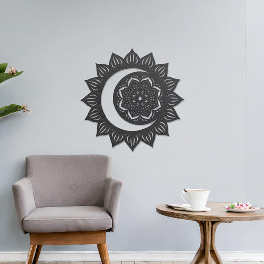 Wall art featuring a crescent moon surrounded by a mandala-inspired floral design with intricate details. The piece is displayed on a neutral wall within modern decor, adding a serene and decorative touch to the space.
