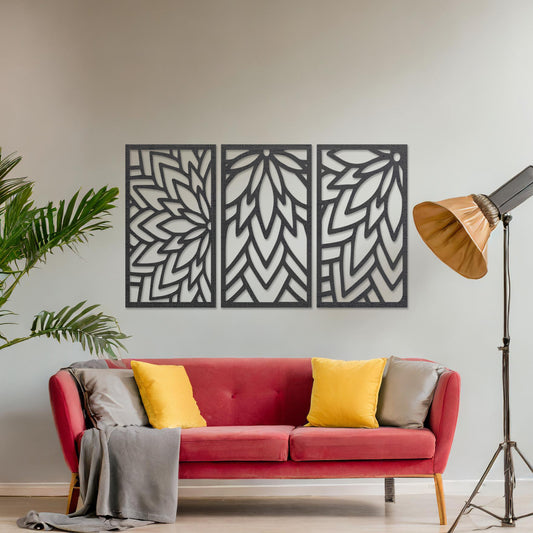 Wooden wall art featuring a three-panel floral-inspired geometric design, displayed on a neutral wall within modern room decor, highlighting its intricate patterns and contemporary craftsmanship.