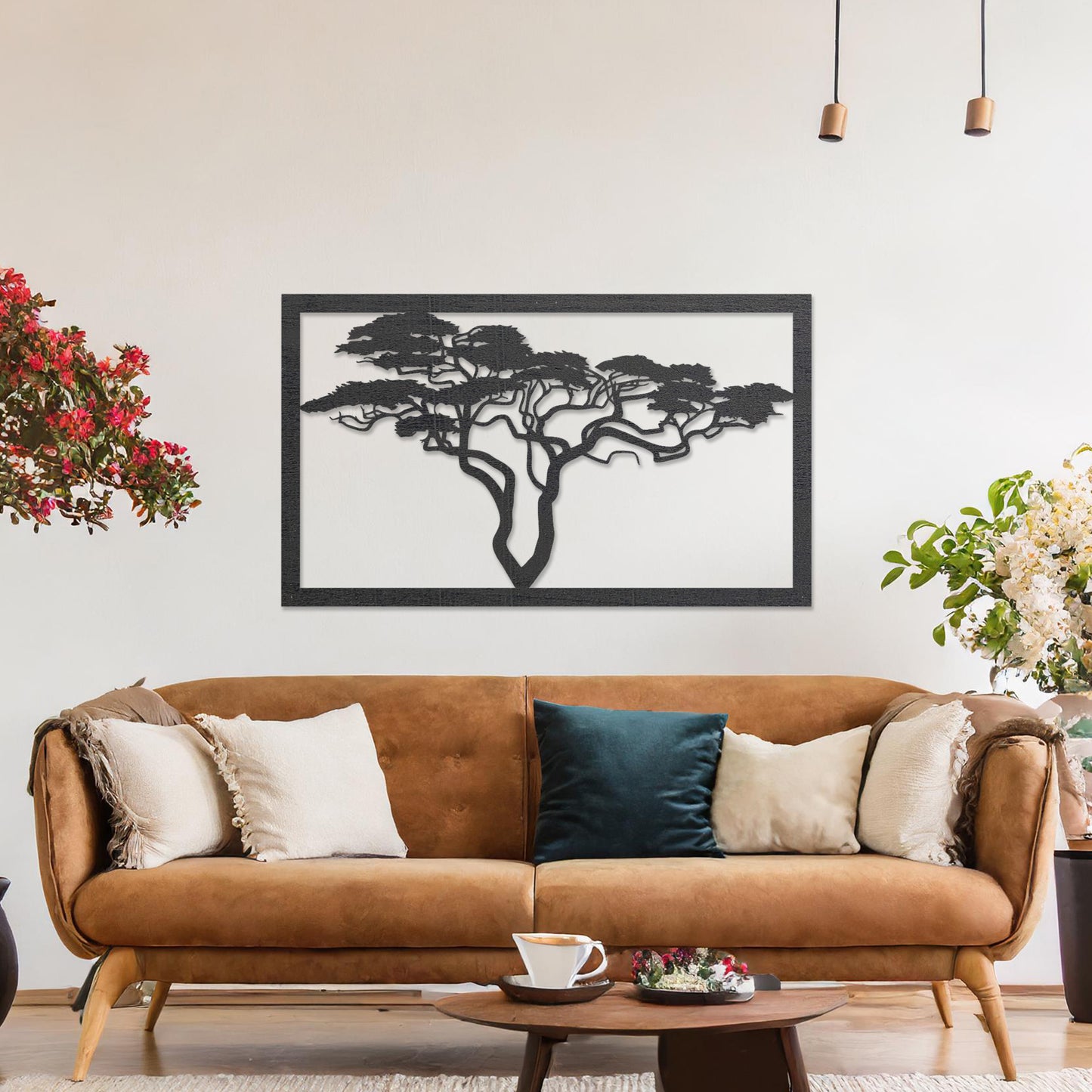 Wooden wall art featuring a rectangular design with a detailed silhouette of a tree with sprawling branches. The artwork is displayed on a neutral wall within modern room decor, showcasing its natural and artistic elegance.