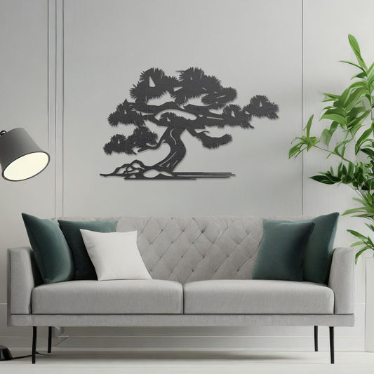 Wooden wall art featuring a bonsai-inspired tree design with detailed branches and roots, placed on a neutral wall within a modern room decor, showcasing its delicate craftsmanship and minimalist elegance.