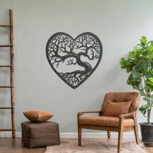 Wooden wall art featuring a heart-shaped design with an intricate tree and branching roots, displayed on a neutral wall within modern room decor, highlighting its natural and artistic craftsmanship.