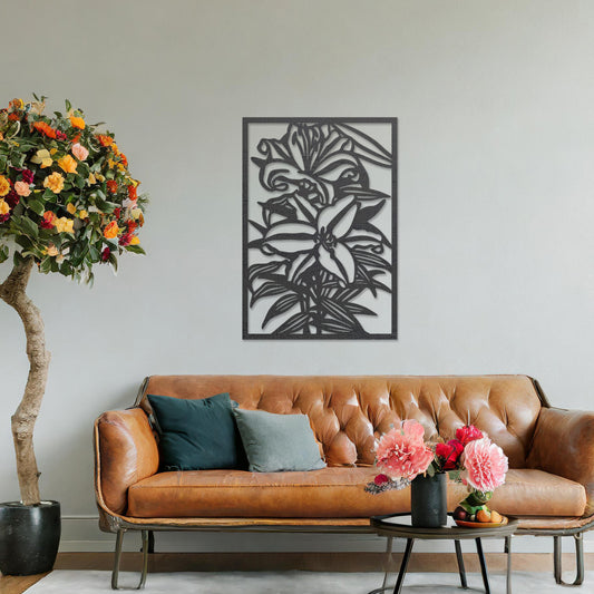 Wall art featuring a botanical design of blooming lilies with intricate details of petals and leaves. The artwork is displayed on a neutral wall within modern room decor, enhancing the space with a natural and elegant touch.