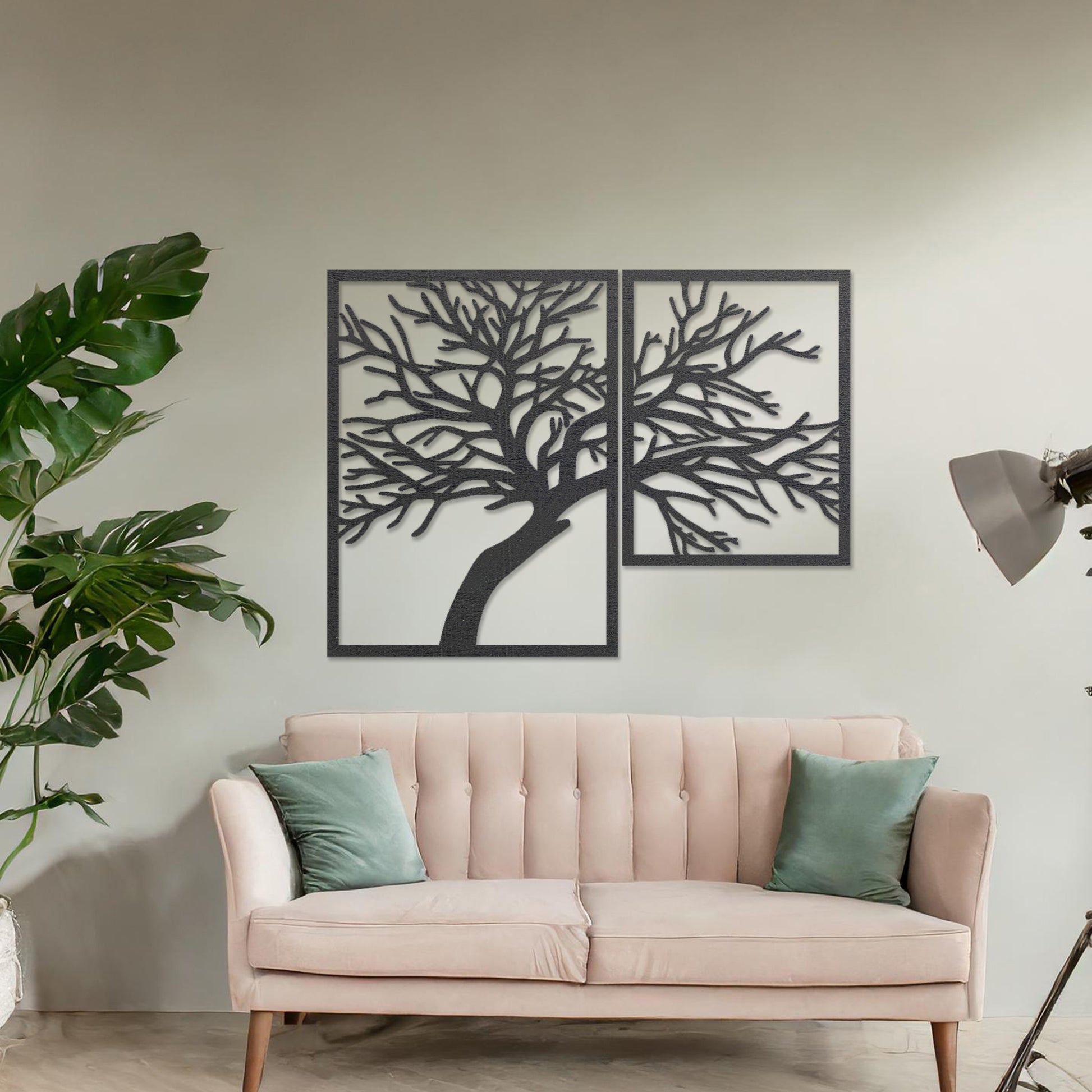 Wooden wall art design featuring a two-panel composition of a bare tree with intricate branches, placed on a neutral wall within modern room decor. The design captures natural beauty with a minimalist, elegant form.