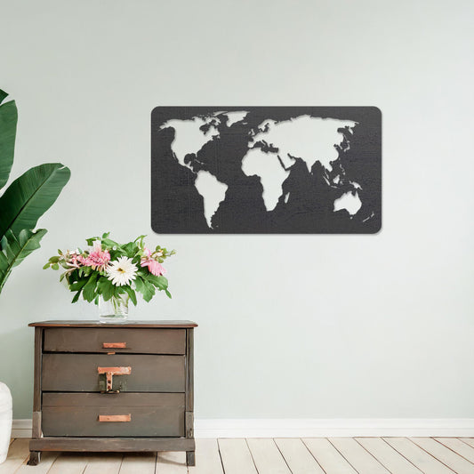 Wooden wall art featuring a rectangular world map design with detailed continents, displayed on a neutral wall within modern room decor, showcasing its elegant and minimalist craftsmanship.