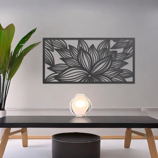 Wall art featuring a horizontal floral design with layered petals arranged in a dynamic and intricate pattern. The piece is displayed on a neutral wall within modern decor, adding an artistic and elegant focal point to the setting.