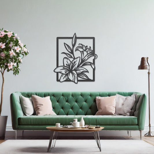 Wooden wall art featuring a delicate floral design with intricate details of lilies and leaves, placed on a neutral wall within a modern room decor, showcasing its elegant and timeless craftsmanship.