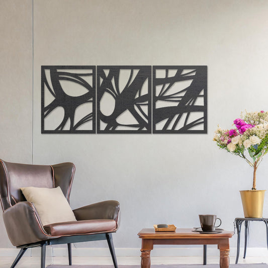 Wooden wall art design featuring a three-panel abstract composition with flowing, organic shapes and cutouts, placed on a neutral wall within modern room decor. The design blends dynamic movement and minimalism for a contemporary look.