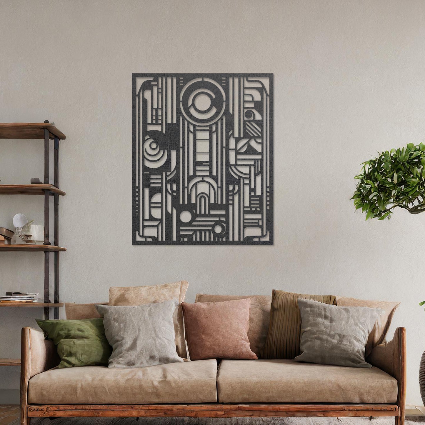 Wall art featuring an abstract geometric design with a combination of circles, lines, and architectural elements. The piece is displayed on a neutral wall within modern decor, adding a bold and contemporary focal point to the space.