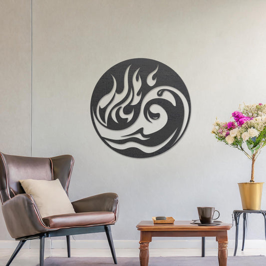 Wooden wall art featuring a circular design combining fire and wave motifs in a flowing, abstract style. The artwork is displayed on a neutral wall within modern room decor, highlighting its dynamic and artistic appeal.