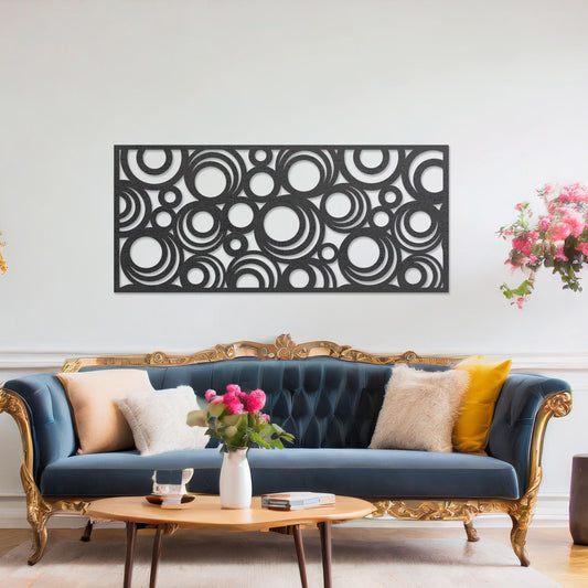 Wooden wall art design featuring an array of overlapping and interlocking circles, placed on a neutral wall within elegant room decor. The design creates a sense of rhythm and movement with its bold, geometric composition.