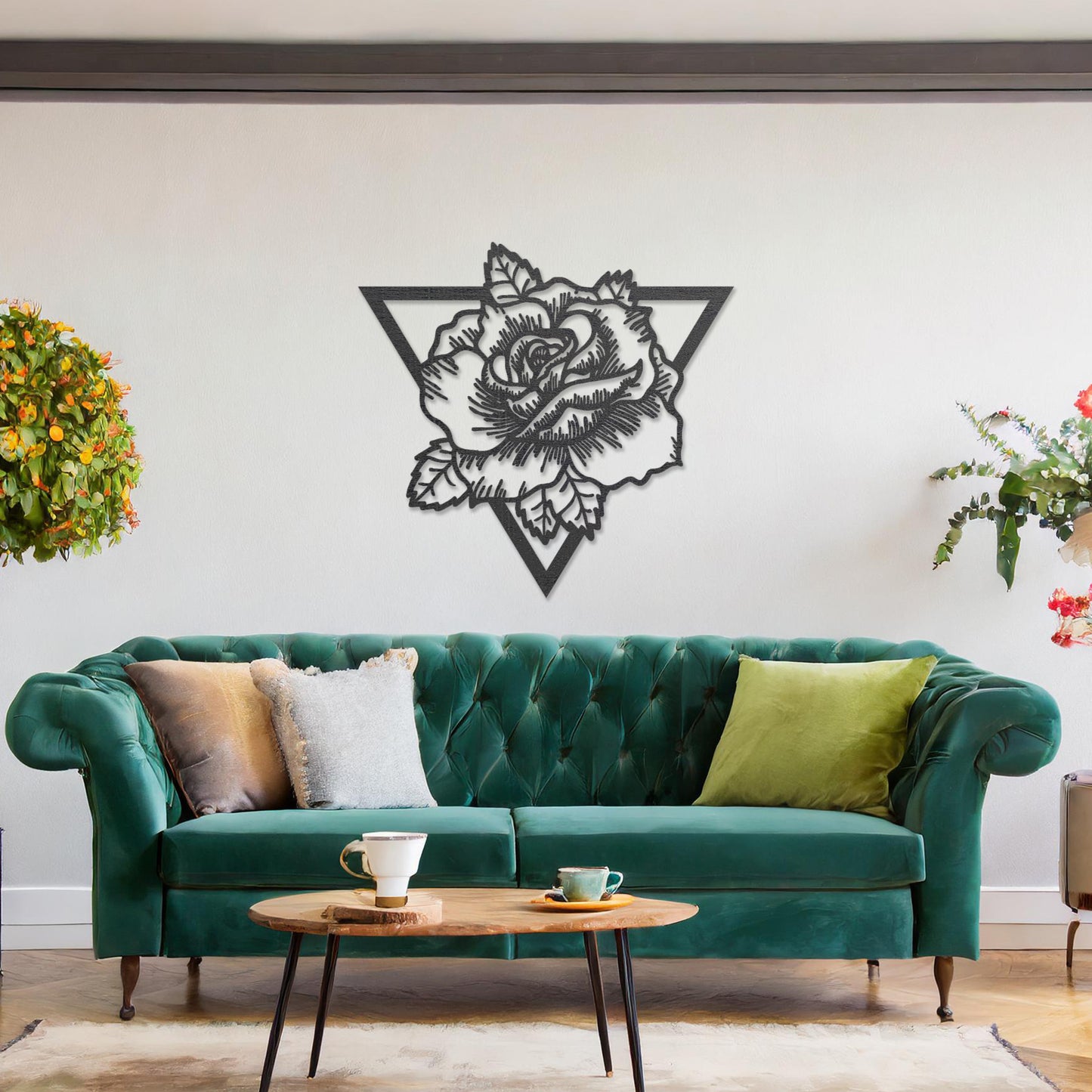 Wooden wall art featuring a rose design framed within a triangular outline, showcasing intricate detailing of petals and leaves. The artwork is displayed on a neutral wall within modern room decor, highlighting its elegant and bold aesthetic.