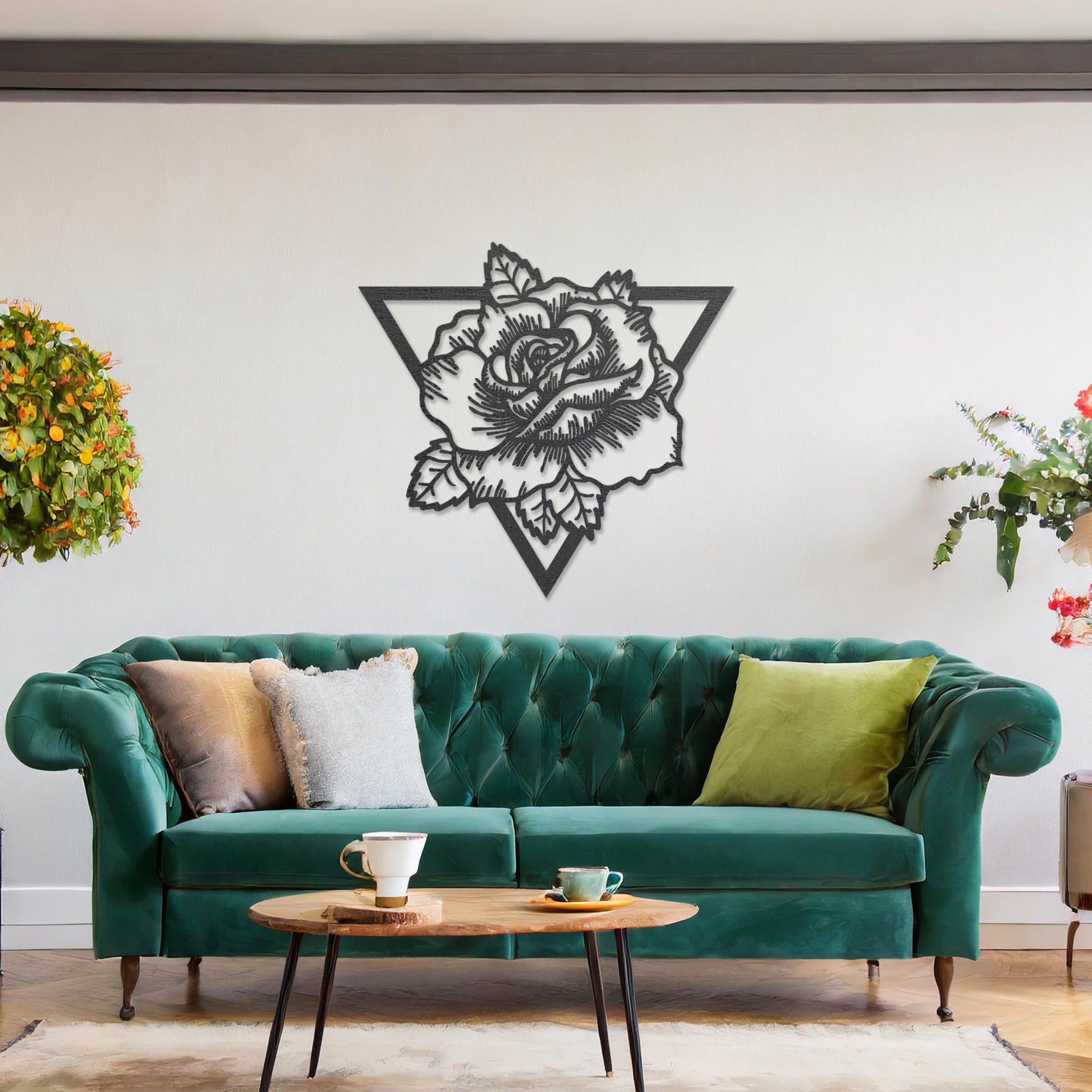 Wooden wall art featuring a rose design framed within a triangular outline, showcasing intricate detailing of petals and leaves. The artwork is displayed on a neutral wall within modern room decor, highlighting its elegant and bold aesthetic.