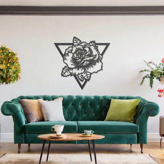 Wooden wall art featuring a rose design framed within a triangular outline, showcasing intricate detailing of petals and leaves. The artwork is displayed on a neutral wall within modern room decor, highlighting its elegant and bold aesthetic.