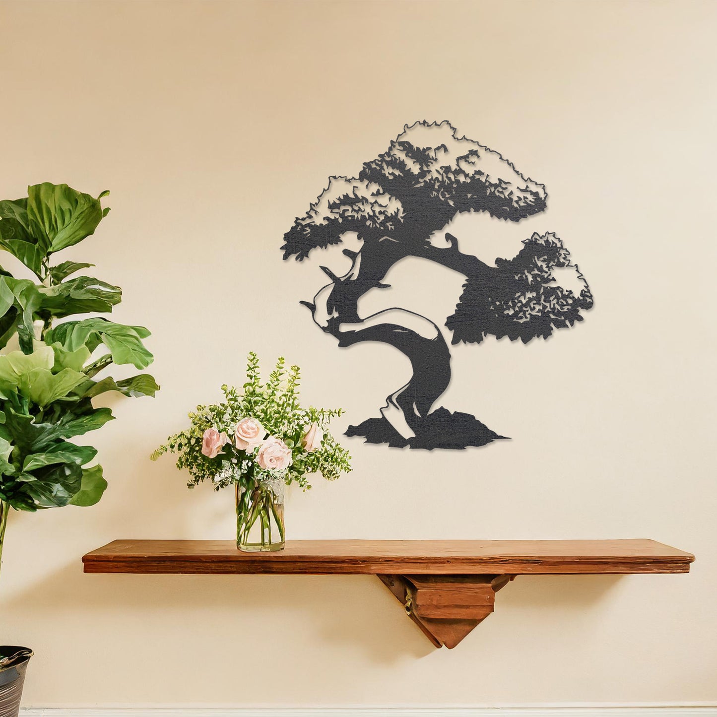 Wooden wall art featuring a bonsai tree design with intricate branches and a curved trunk, displayed on a neutral wall within modern room decor, showcasing its artistic and nature-inspired craftsmanship.