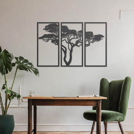 Three-panel wooden wall art featuring an elegant silhouette of a tree with spreading branches, displayed on a neutral wall within modern room decor. The intricate design adds depth and sophistication to the space.
