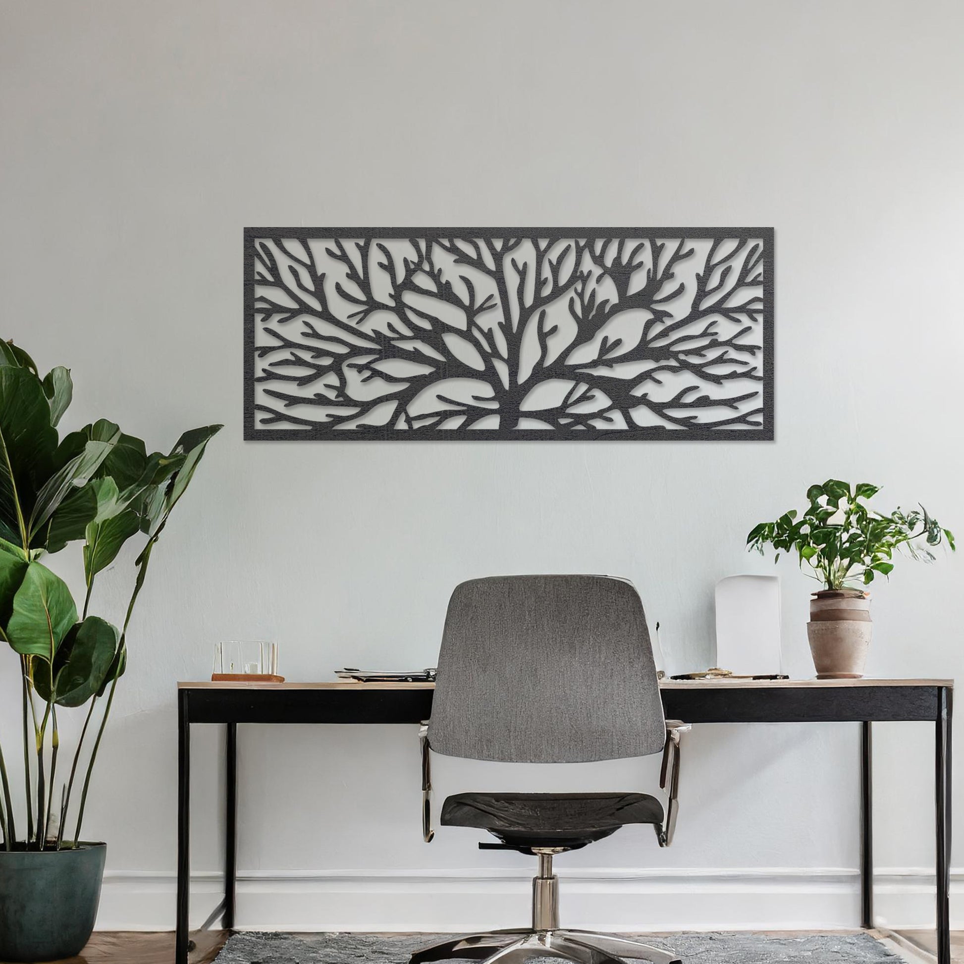 Wall art featuring a horizontal tree branch design with intricate and detailed branching patterns. The piece is displayed on a neutral wall within modern office decor, adding a natural and contemporary element to the space.