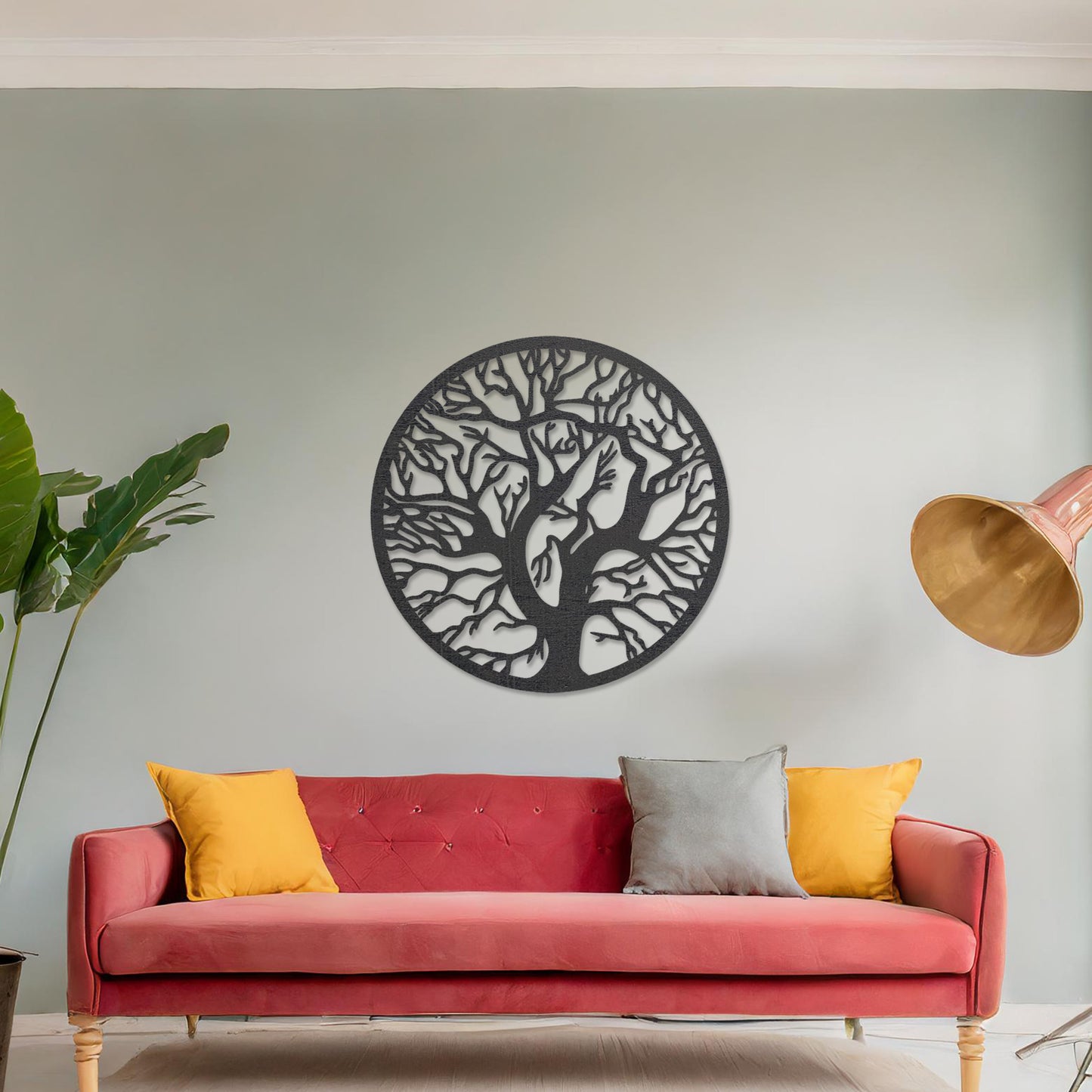 This design showcases a tree with intricate branches within a circular frame, offering a natural, organic look. Its detailed pattern symbolizes growth and connection, adding elegance to contemporary spaces.