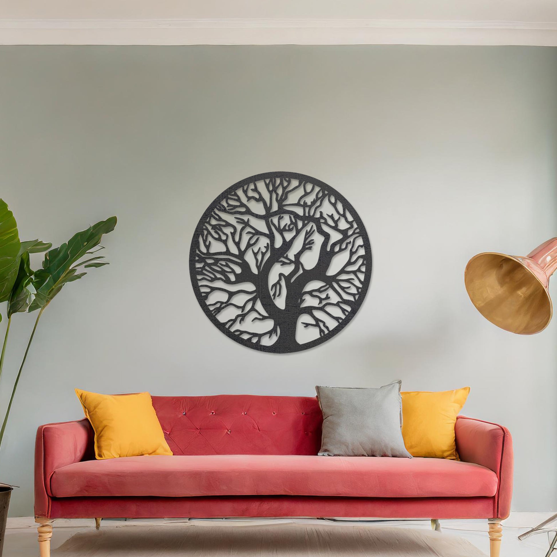 This design showcases a tree with intricate branches within a circular frame, offering a natural, organic look. Its detailed pattern symbolizes growth and connection, adding elegance to contemporary spaces.
