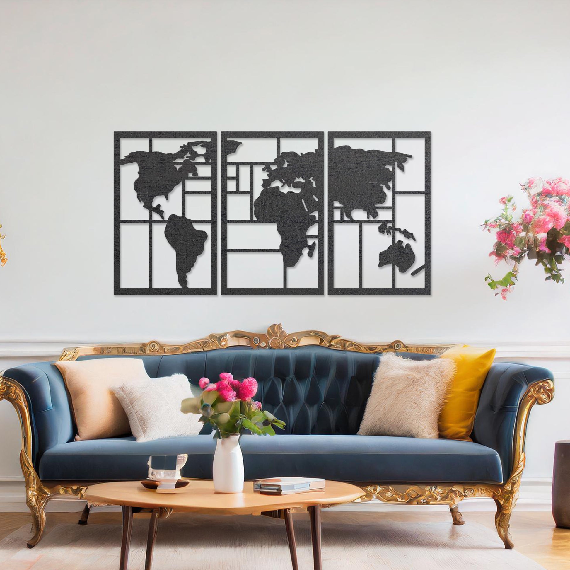 Wooden wall art design featuring a three-panel world map with continents framed in geometric shapes, placed on a neutral wall within elegant room decor. The design blends global geography with a modern, minimalist aesthetic.
