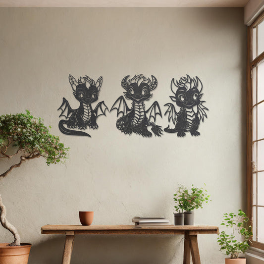 Wooden wall art design featuring three playful dragon characters, each with different poses and expressions, placed on a neutral wall within modern room decor. The design brings whimsy and charm with detailed features and lively energy.