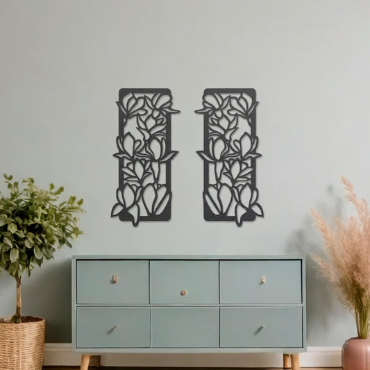 Wooden wall art featuring two rectangular panels with a floral vine design, displayed on a neutral wall within modern room decor, highlighting its elegant and nature-inspired craftsmanship.