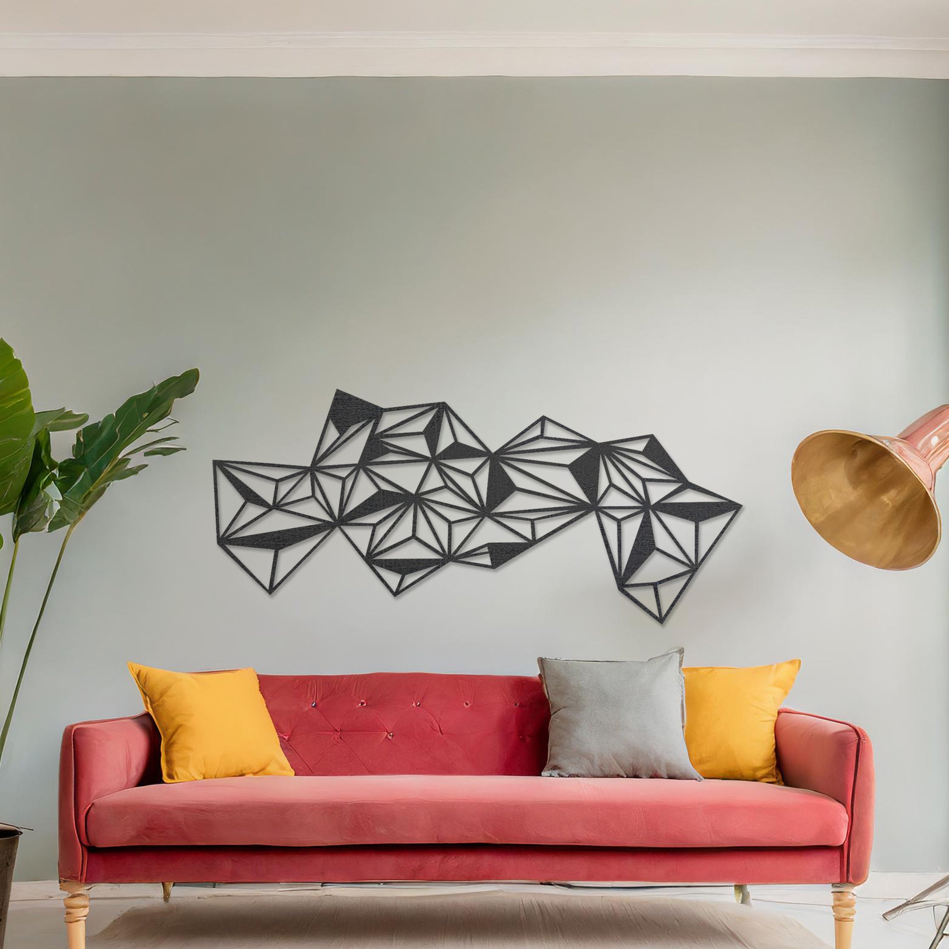 The design features an abstract arrangement of interlocking triangles, forming a dynamic, geometric pattern. Its sharp lines and angles create a bold, modern look, perfect for contemporary spaces.