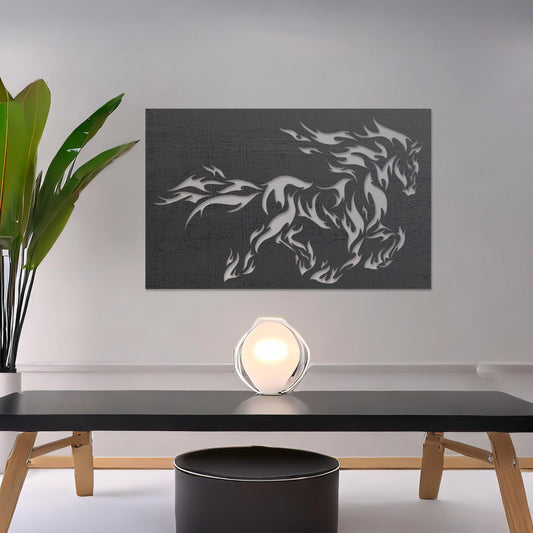 Wall art featuring a dynamic silhouette of a galloping horse with flame-inspired details creating a bold and striking design. The piece is displayed on a neutral wall within modern decor, serving as an eye-catching and artistic focal point.