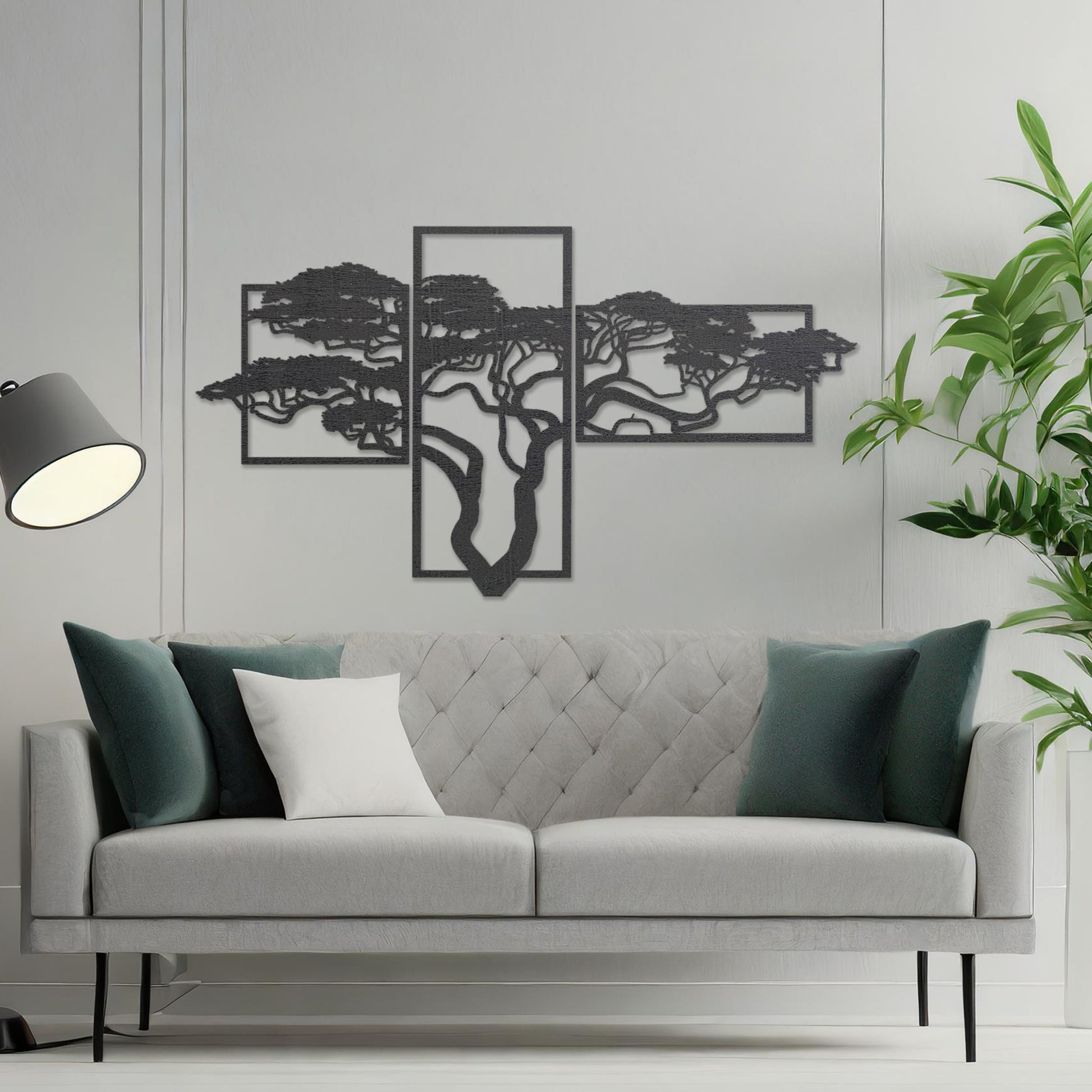 Wooden wall art featuring a multi-panel design of a tree with intricate branches, placed on a neutral wall within modern room decor, showcasing its detailed craftsmanship and elegant composition.