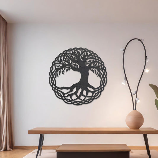 Wooden wall art featuring a circular tree of life design with intertwined roots and branches, displayed on a neutral wall within modern room decor, highlighting its symbolic and intricate craftsmanship.