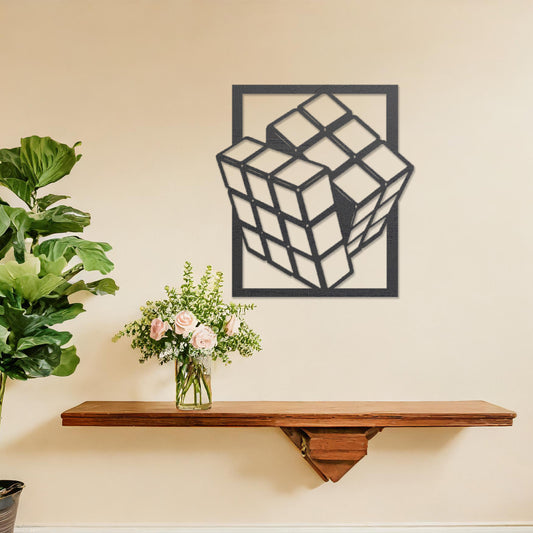 Wooden wall art featuring a three-dimensional geometric cube design, displayed on a neutral wall within modern room decor, highlighting its bold and contemporary craftsmanship.