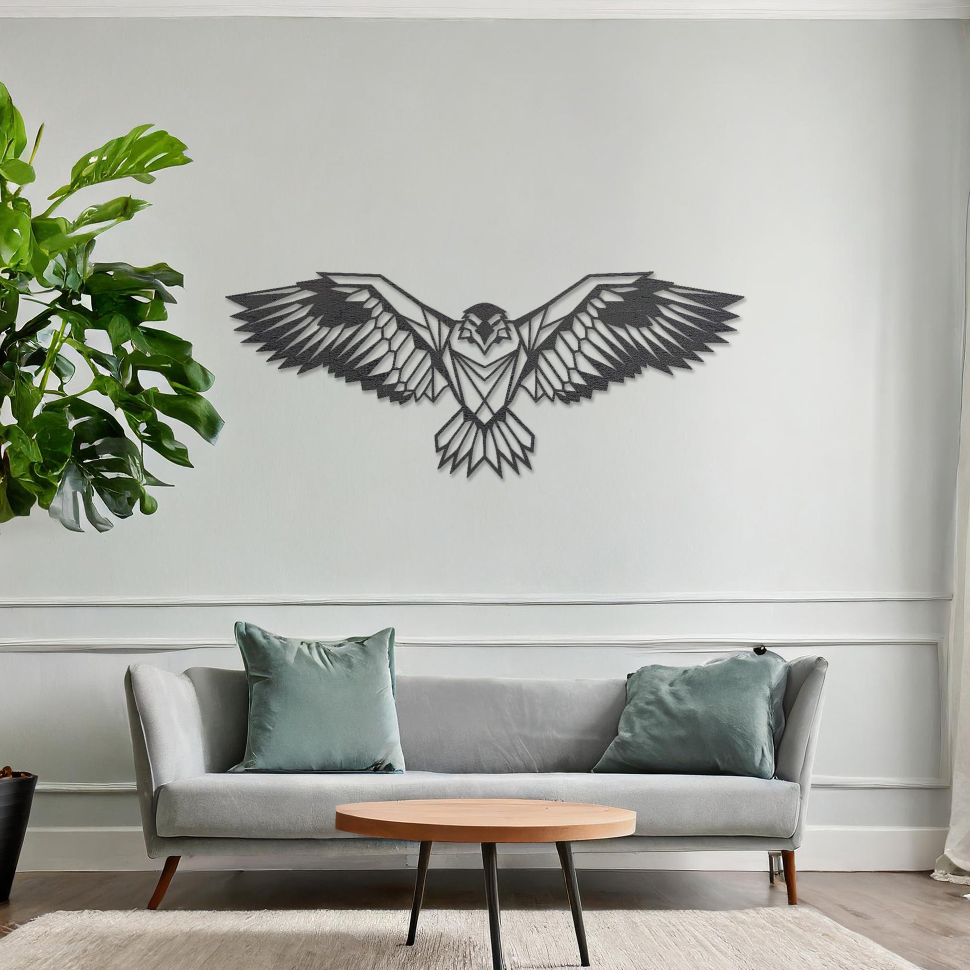 Wooden wall art showcasing a geometric eagle design with outstretched wings, displayed on a neutral wall within modern room decor, highlighting its bold and intricate craftsmanship.