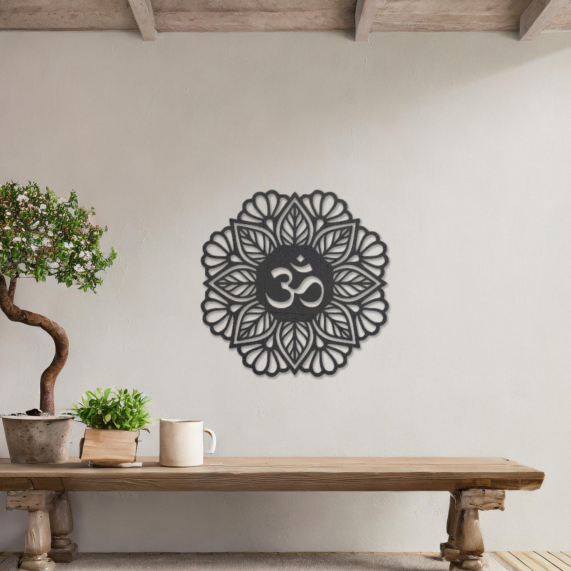 Wooden wall art featuring a mandala design with a central "Om" symbol surrounded by intricate floral and geometric patterns. The artwork is displayed on a neutral wall within modern room decor, highlighting its spiritual and artistic elegance.