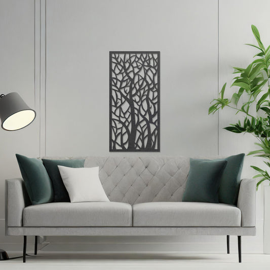 Wooden wall art featuring a vertical design of intertwined tree trunks and branches, displayed on a neutral wall within modern room decor, showcasing its intricate and artistic craftsmanship.