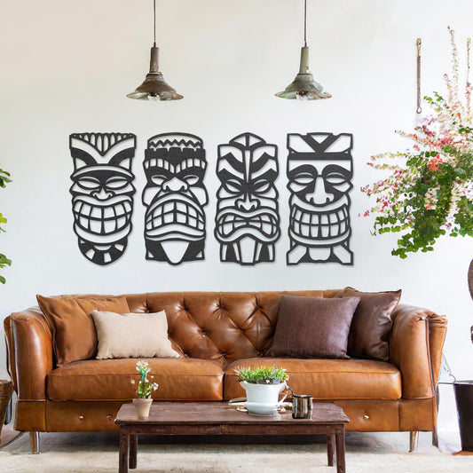 Wooden wall art design featuring four tribal masks arranged in a row on a neutral wall, set against modern room decor. The intricate design captures bold, expressive features and cultural motifs.