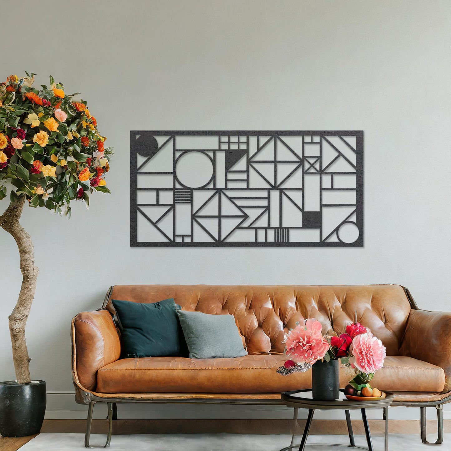 Wooden wall art design featuring a geometric composition with abstract shapes and patterns, placed on a neutral wall within modern room decor. The design combines dynamic lines and forms for a bold, contemporary look.