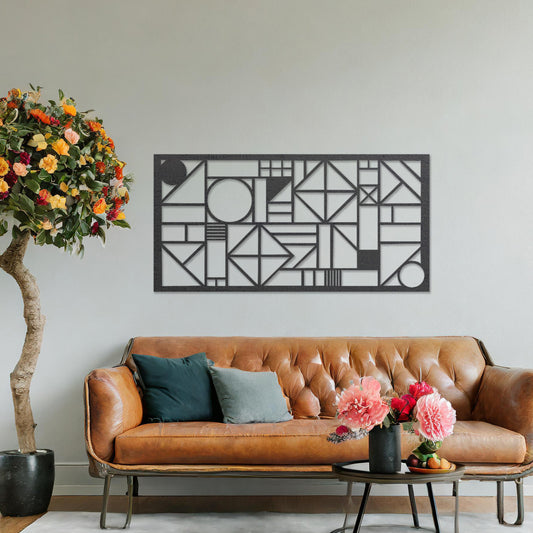 Wooden wall art design featuring a geometric composition with abstract shapes and patterns, placed on a neutral wall within modern room decor. The design combines dynamic lines and forms for a bold, contemporary look.