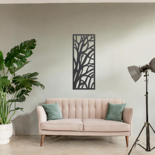 Wooden wall art featuring a rectangular design with an abstract tree branch pattern. The artwork is displayed on a neutral wall within modern room decor, emphasising its minimalist and natural aesthetic.