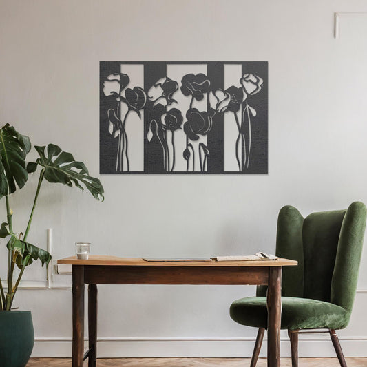 Wall art featuring a floral design with stylised poppy flowers arranged in vertical panel. The piece is displayed on a neutral wall within modern room decor, enhancing the serene and elegant atmosphere of the space.
