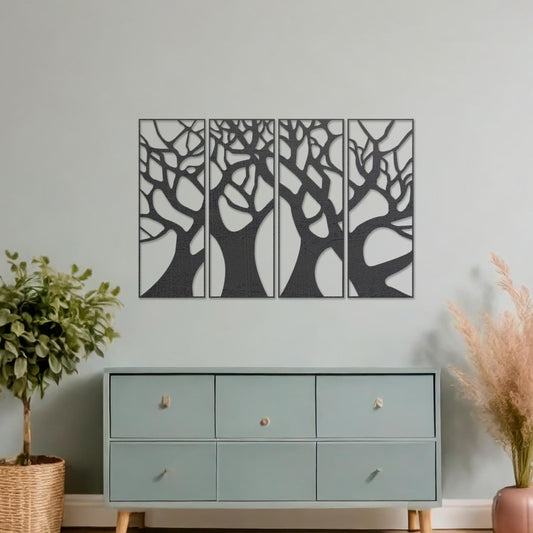 Wooden wall art featuring a set of four panels with an abstract tree design, showcasing interwoven trunks and branches, displayed on a neutral wall within modern room decor, highlighting its intricate and artistic craftsmanship.