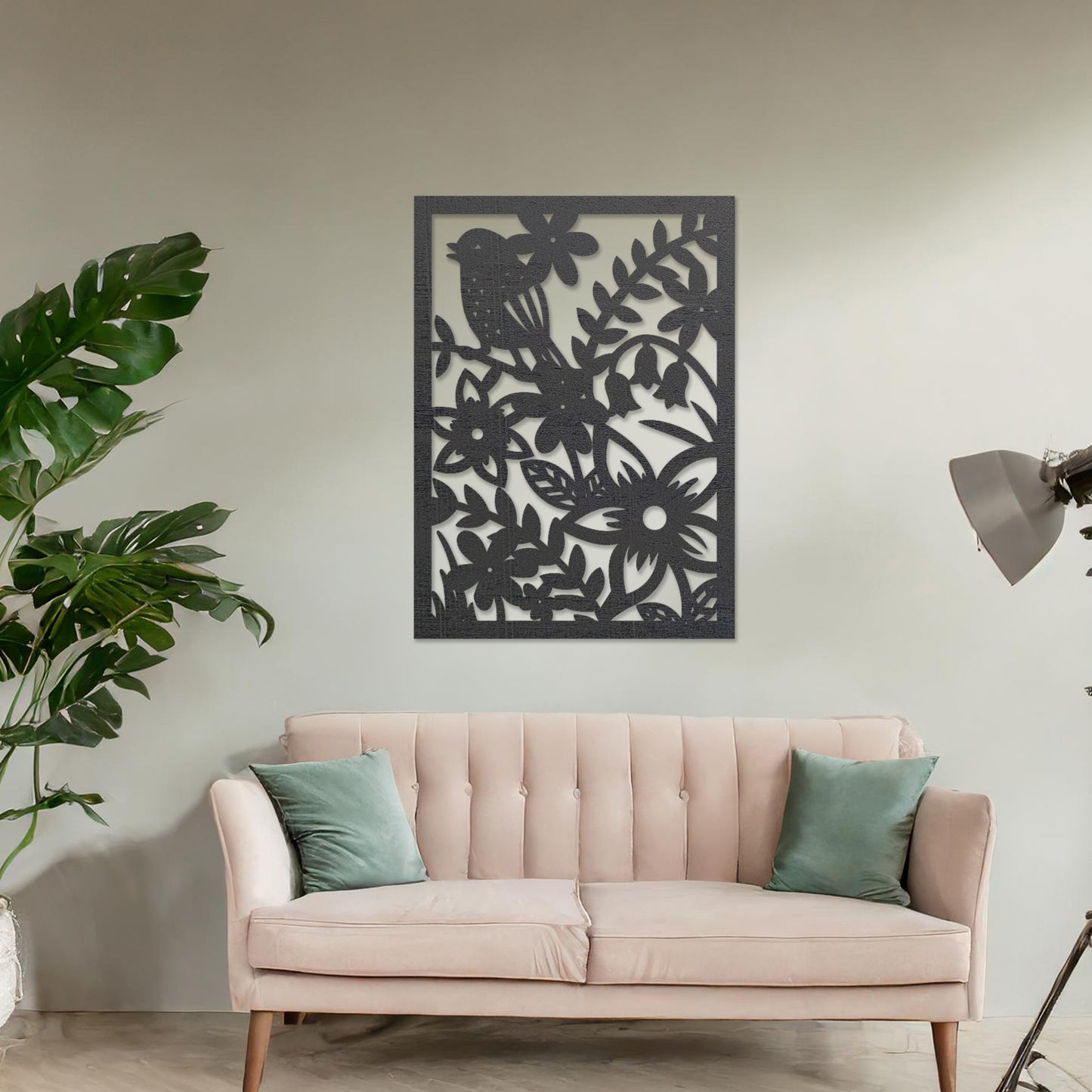 Wooden wall art design featuring a detailed scene with flowers and a bird, placed on a neutral wall within modern room decor. The design showcases nature-inspired elements, creating a balanced and harmonious aesthetic.