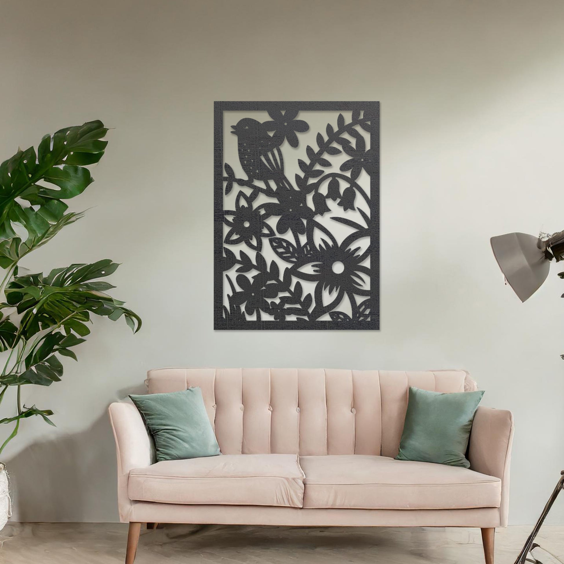Wooden wall art design featuring a detailed scene with flowers and a bird, placed on a neutral wall within modern room decor. The design showcases nature-inspired elements, creating a balanced and harmonious aesthetic.