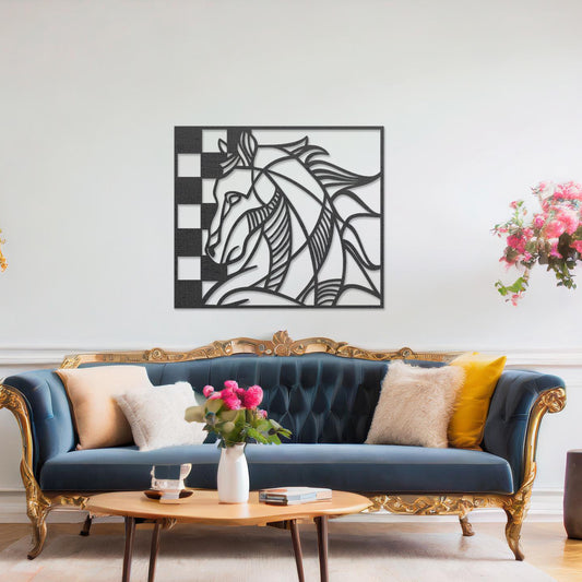 Wooden wall art design featuring a stylized horse's head integrated with geometric checkered patterns, placed on a neutral wall within elegant room decor. The design combines the beauty of nature with modern, abstract elements for a dynamic and artistic look.