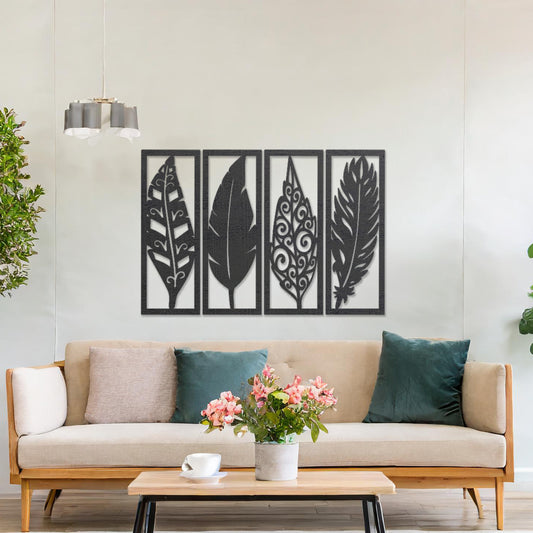 Wooden wall art design featuring five vertical panels, each with a different leaf design, placed on a neutral wall within modern room decor. The design combines organic shapes with intricate details for a natural yet elegant aesthetic.